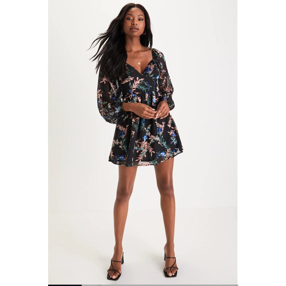 Lulus Loving Charm Black Floral Chiffon Burnout Velvet Mini Dress Size XS
